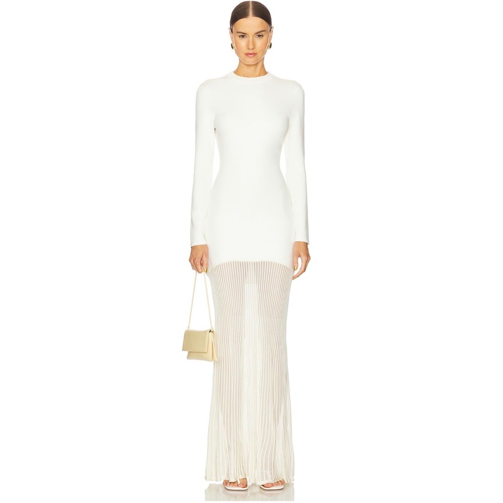 SER.O.YA Serenade Knit Maxi Dress Eggshell White Sheer Pleated Long Sleeve